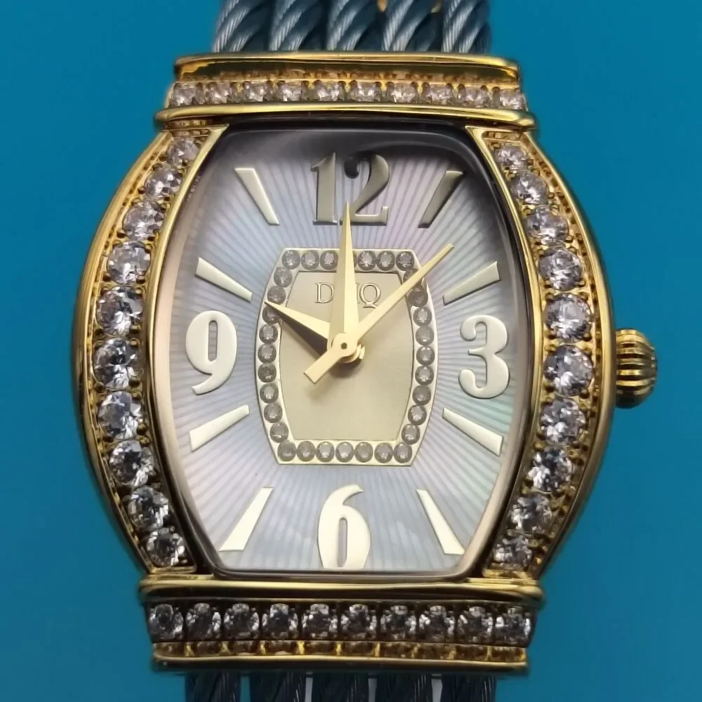 DMQ Women's Gold Tone Cubic Zirconia Mother of Pearl Dial Cable Bangle Watch